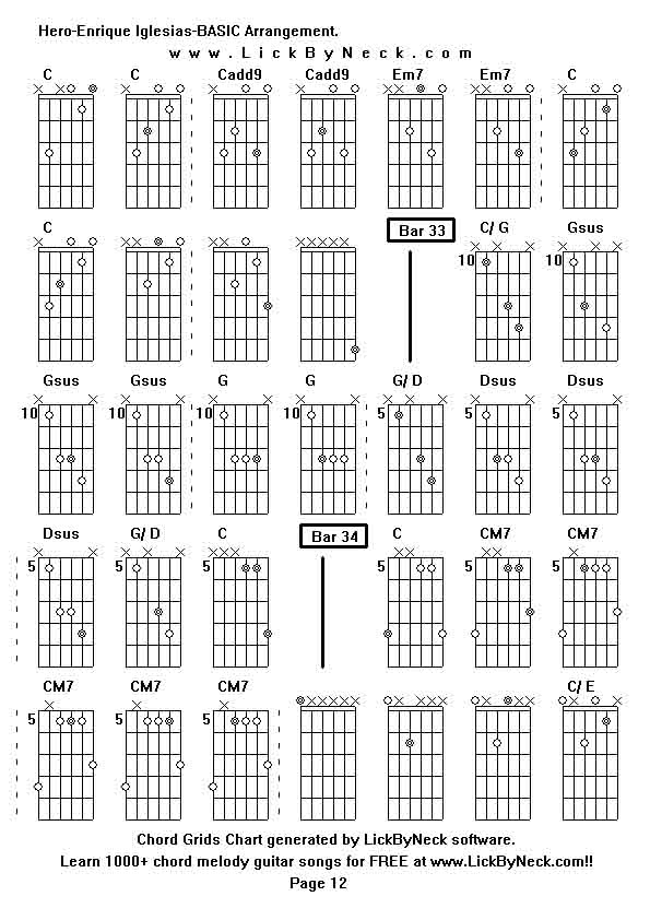 Chord Grids Chart of chord melody fingerstyle guitar song-Hero-Enrique Iglesias-BASIC Arrangement,generated by LickByNeck software.